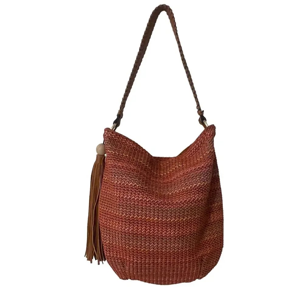 Sondra Roberts Squared Boho Hobo Bag Brown & Orange Multicolor Tassel Braided